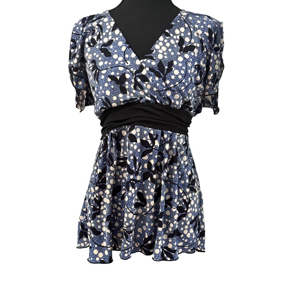 Vol 1 Tops - Vol 1 Y2K Blue Babydoll Top Tie Back Flutter Sleeve V Surplice Neckline SZ L?